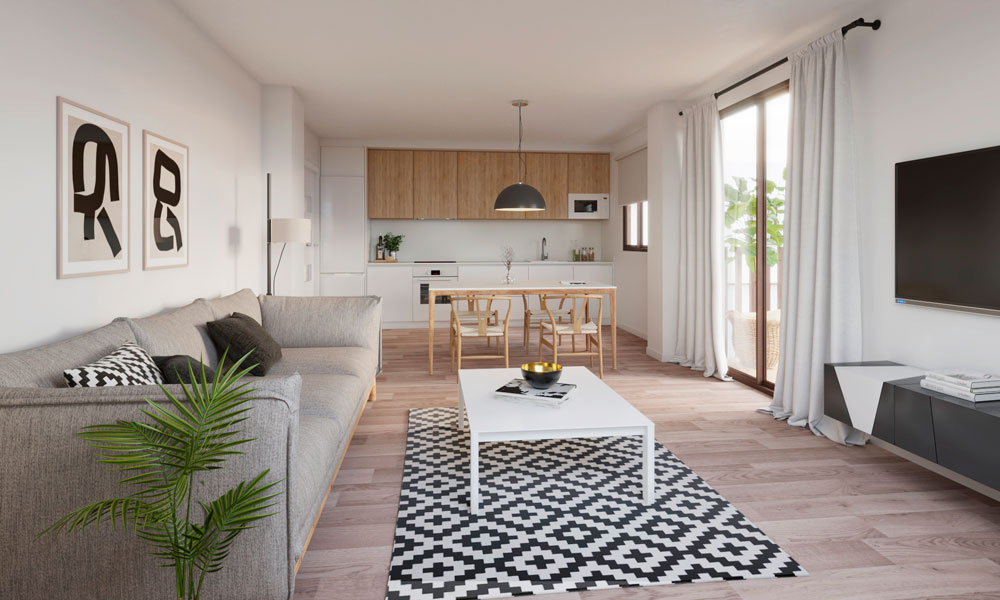 Salón comedor con cocina integrada de Residencial Calarena